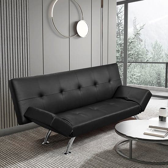 Valencia Faux Leather Sofa Bed In Black With Chrome Metal Legs