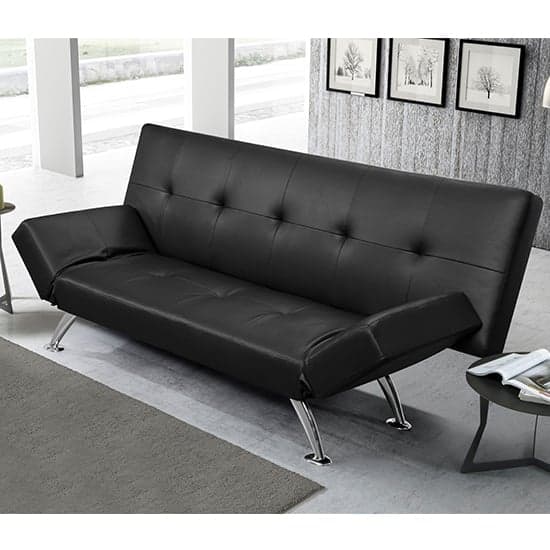 Valencia Faux Leather Sofa Bed In Black With Chrome Metal Legs