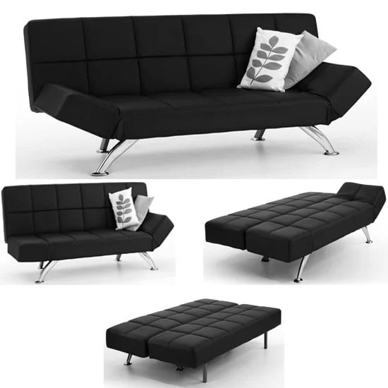 Valencia Faux Leather Sofa Bed In Black With Chrome Metal Legs