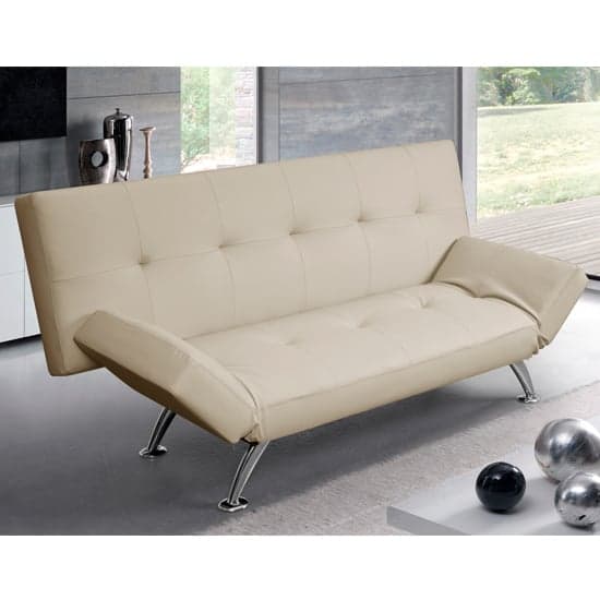 Valencia Faux Leather Sofa Bed In Cream With Chrome Metal Legs