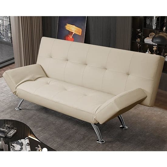 Valencia Faux Leather Sofa Bed In Cream With Chrome Metal Legs