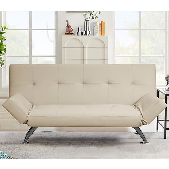 Valencia Faux Leather Sofa Bed In Cream With Chrome Metal Legs