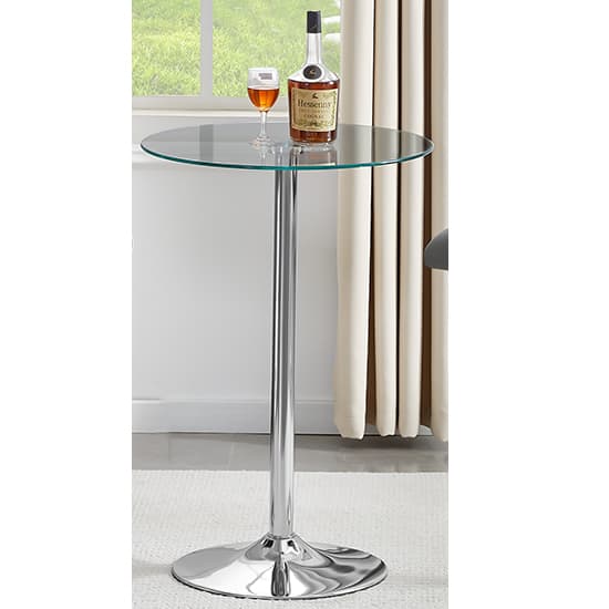 Ventura Round Clear Glass Bar Table With 2 Rifle Black Stools