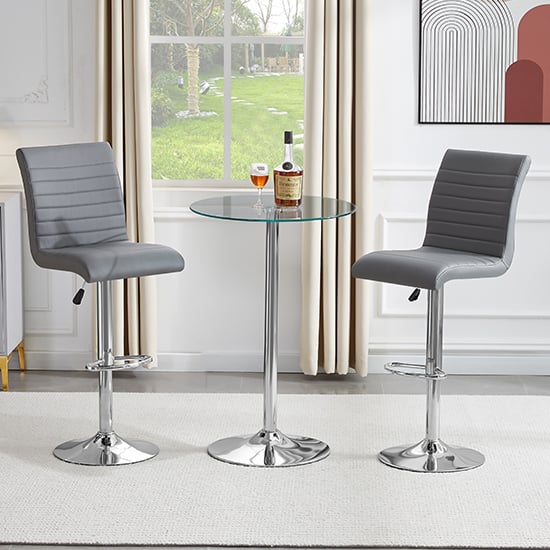 Ventura Round Clear Glass Bar Table With 2 Rifle Grey Stools