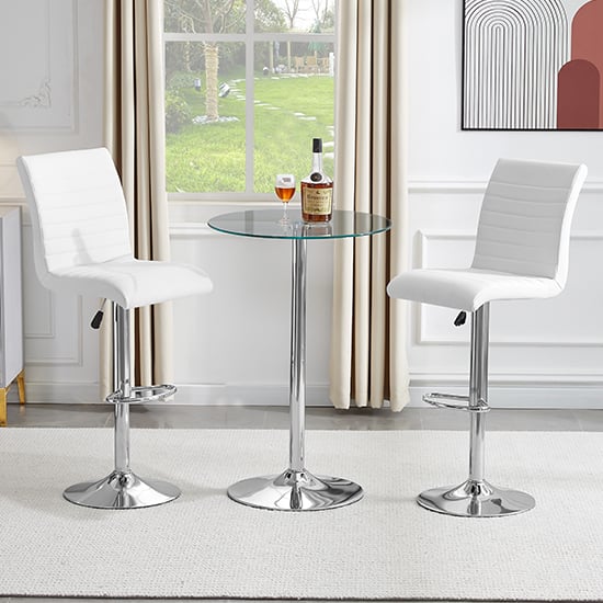 Ventura Round Clear Glass Bar Table With 2 Rifle White Stools