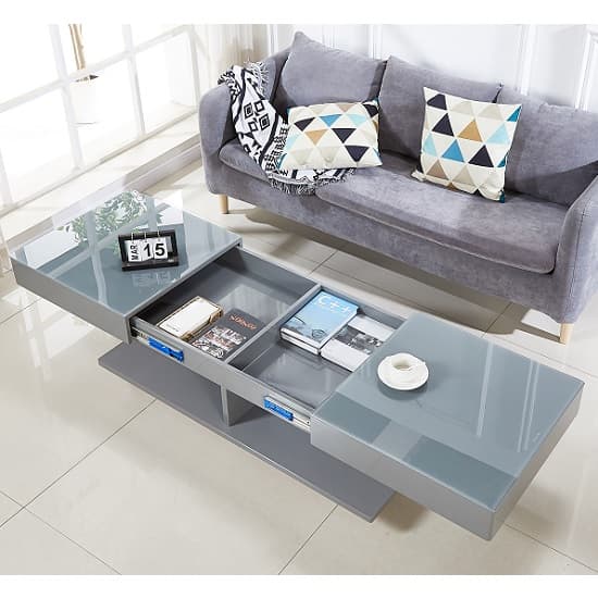 Vernon Extending High Gloss Coffee Table With Storage In Grey