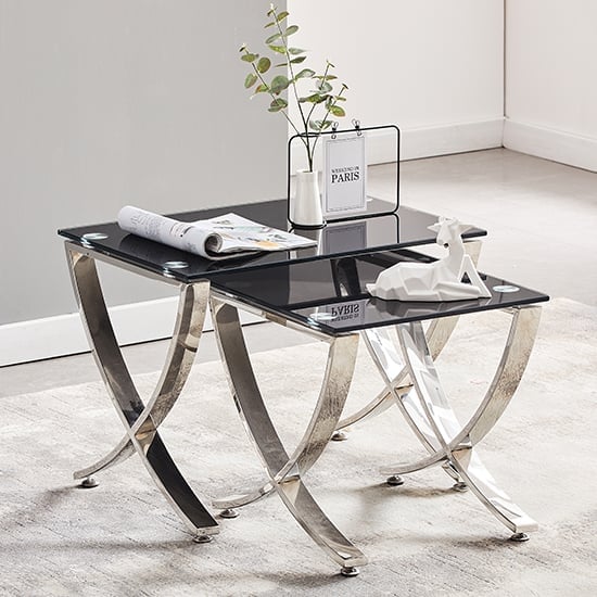 Visalia Black Glass Nest Of 2 Tables With Angular Stainless Legs