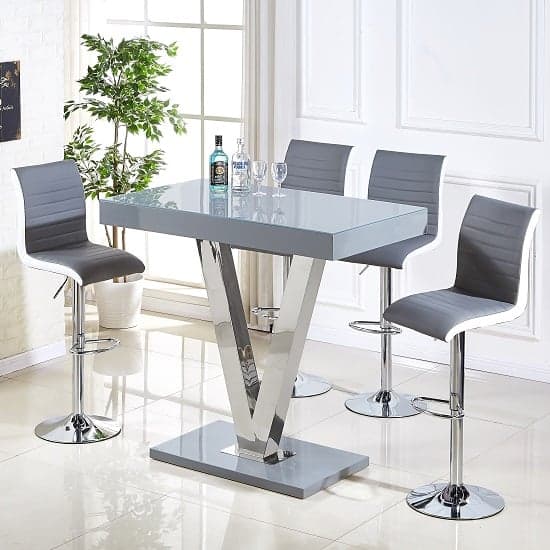 Visalia Grey High Gloss Bar Table 4 Riga Grey White Stools