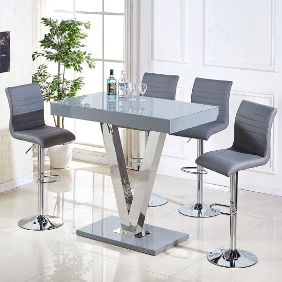 Visalia Grey High Gloss Bar Table With 4 Rifle Grey Stools