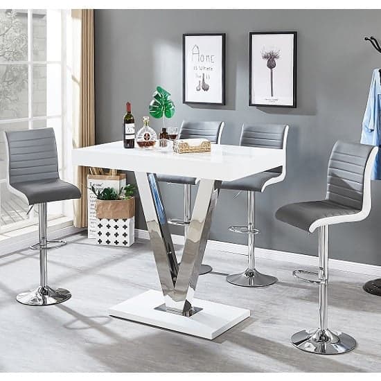 Visalia White High Gloss Bar Table 4 Riga Grey White Stools