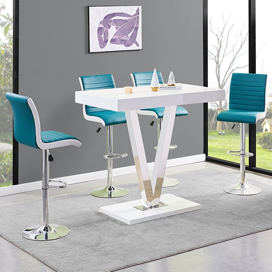 Visalia White High Gloss Bar Table 4 Riga Teal White Stools