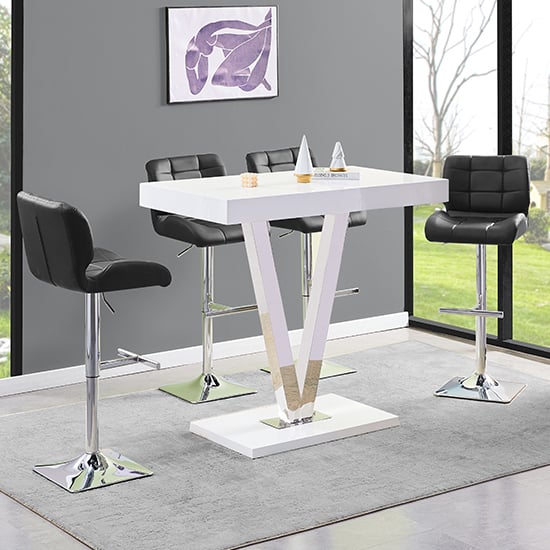 Visalia White High Gloss Bar Table With 4 Canyon Black Stools