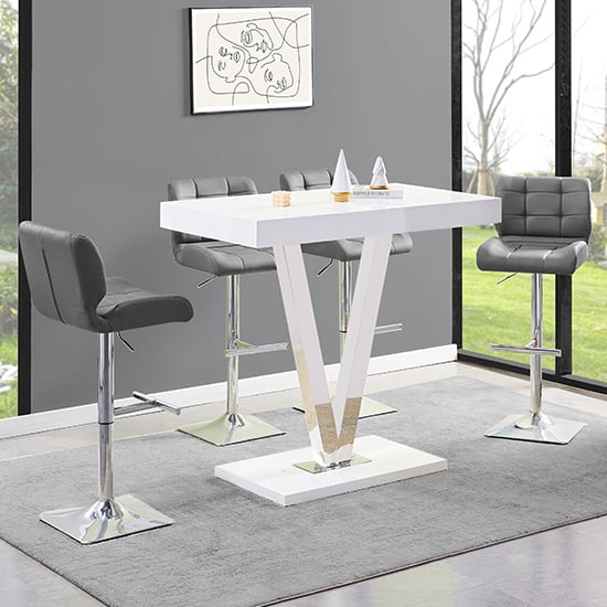 Visalia White High Gloss Bar Table With 4 Canyon Grey Stools