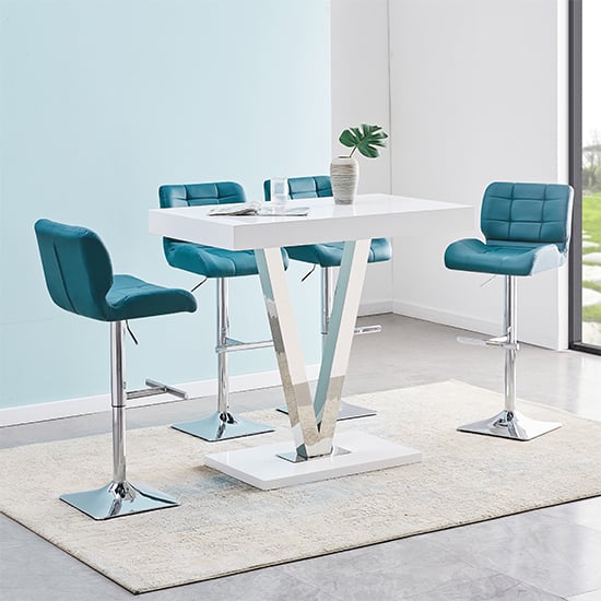 Visalia White High Gloss Bar Table With 4 Canyon Teal Stools