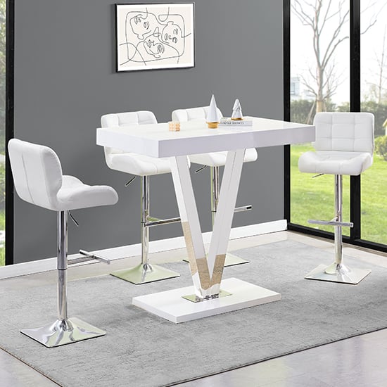 Visalia White High Gloss Bar Table With 4 Canyon White Stools