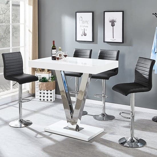 Visalia White High Gloss Bar Table With 4 Rifle Black Stools