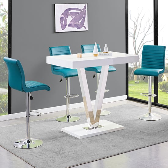 Visalia White High Gloss Bar Table With 4 Rifle Teal Stools