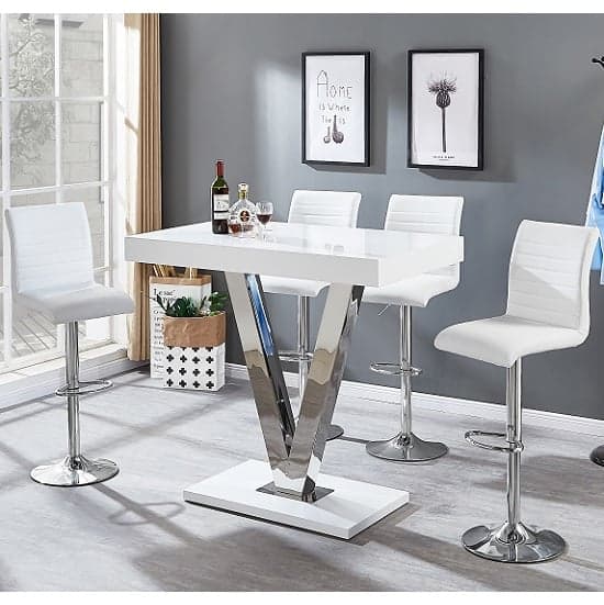 Visalia White High Gloss Bar Table With 4 Rifle White Stools