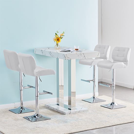 Vista Vida Marble Effect High Gloss Bar Table 4 Canyon White Stools