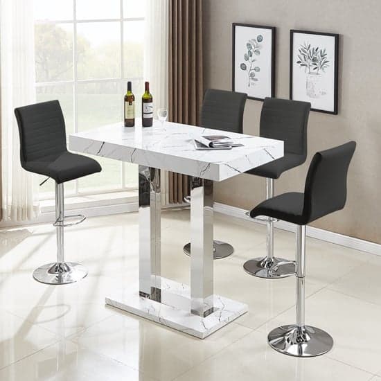 Vista Vida Marble Effect High Gloss Bar Table 4 Rifle Black Stools