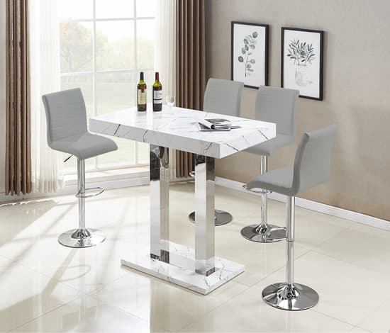 Vista Vida Marble Effect High Gloss Bar Table 4 Rifle Grey Stools