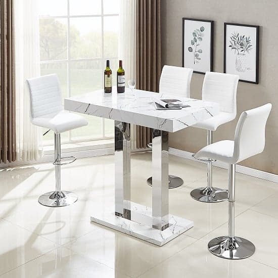 Vista Vida Marble Effect High Gloss Bar Table 4 Rifle White Stools