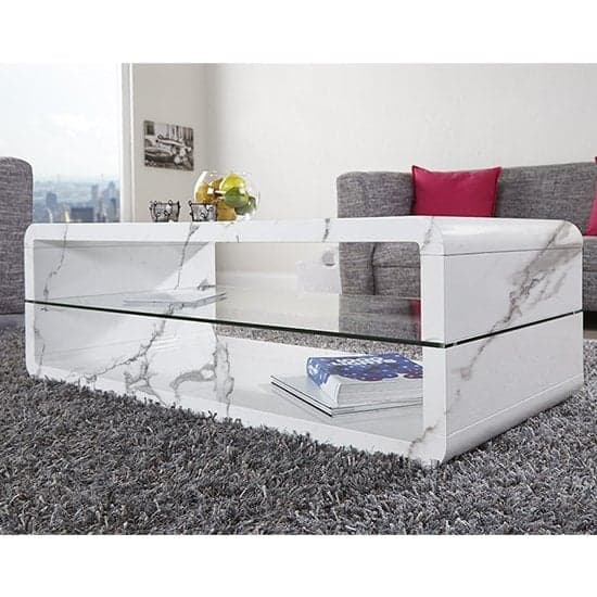 Xenia High Gloss Coffee Table With Shelf In Diva Marble Effect