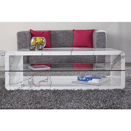 Xenia High Gloss Coffee Table With Shelf In Diva Marble Effect