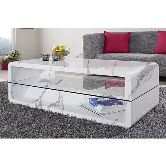 Xenia High Gloss Coffee Table With Shelf In Diva Marble Effect