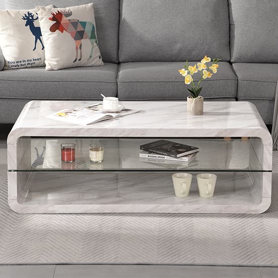 Xenia High Gloss Coffee Table With Shelf In Magnesia Marble Effect