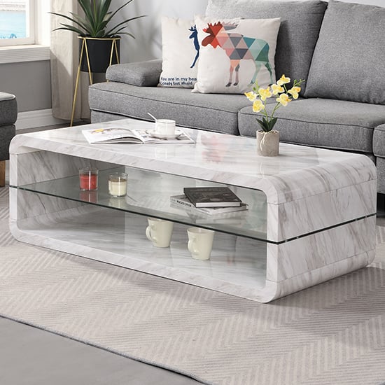 Xenia High Gloss Coffee Table With Shelf In Magnesia Marble Effect