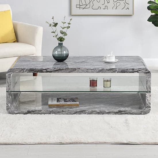 Xenia High Gloss Coffee Table With Shelf In Melange Marble Effect