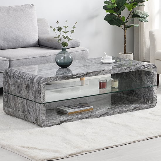 Xenia High Gloss Coffee Table With Shelf In Melange Marble Effect