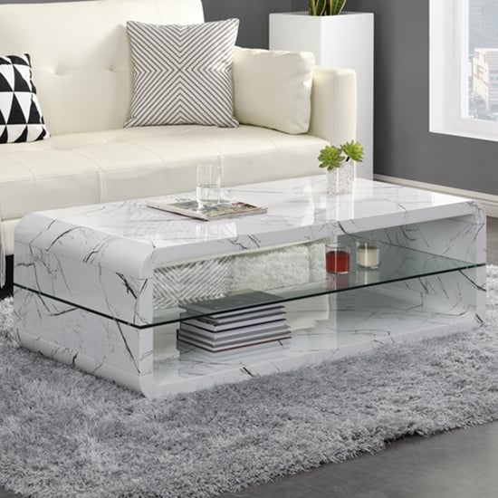 Xenia High Gloss Coffee Table With Shelf In Vida Marble Effect