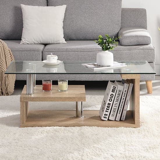 Zagreb Clear Glass Coffee Table With Oak Wooden Base