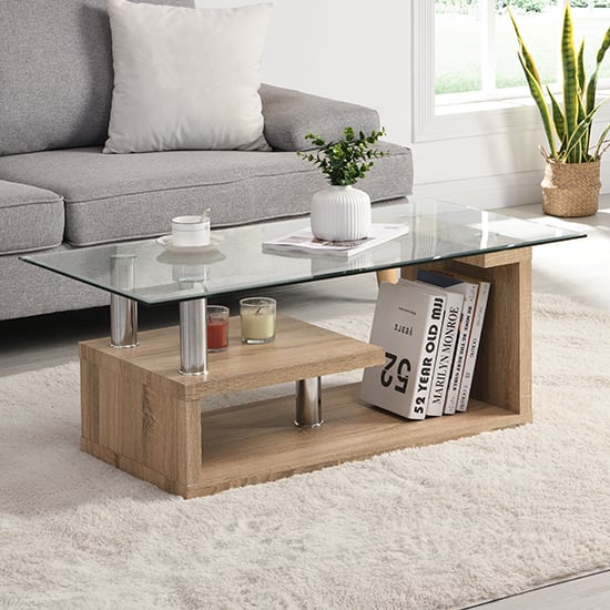 Zagreb Clear Glass Coffee Table With Oak Wooden Base