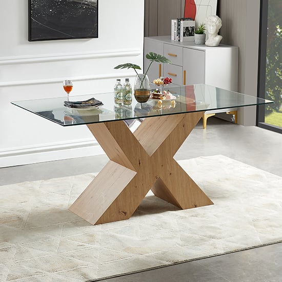 Zurich Clear Glass Dining Table With Oak Wooden Base