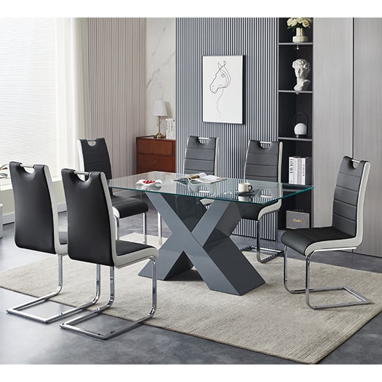 Zurich Glass Dining Table In Grey Base 6 Petersburg Grey White Chairs