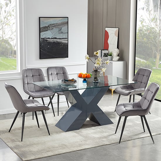 Zurich Glass Dining Table In Grey Base With 6 Petaluma Grey Chairs