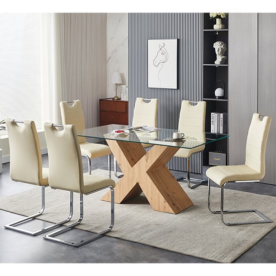 Zurich Glass Dining Table In Oak Base 6 Petersburg Cream Chairs