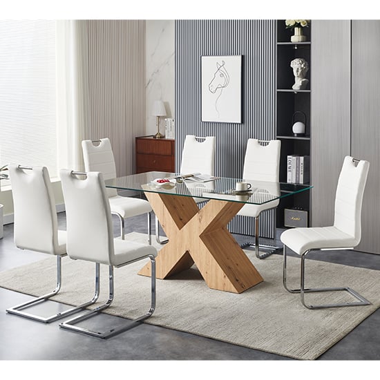 Zurich Glass Dining Table In Oak Base 6 Petersburg White Chairs